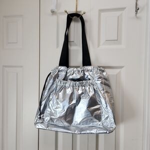 Silver Tote Bag with Black Straps